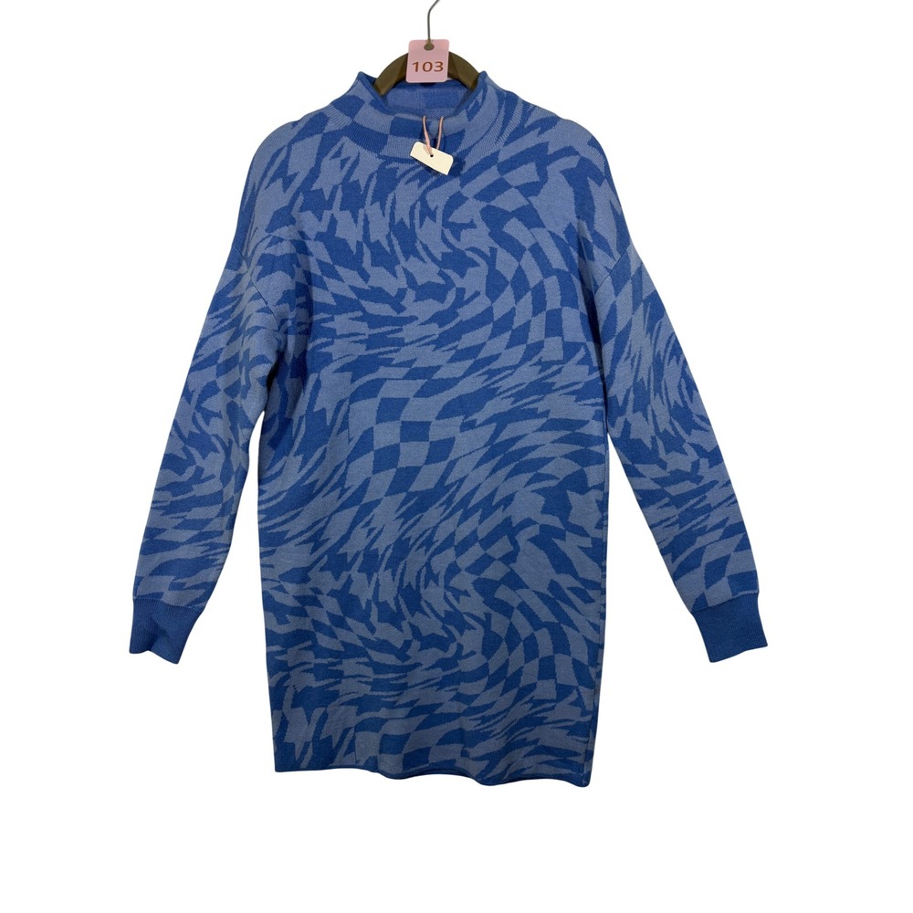 GB Blue Warped Checkerboard Mock Neck Knit Mini Dress XS GB9564SWR1